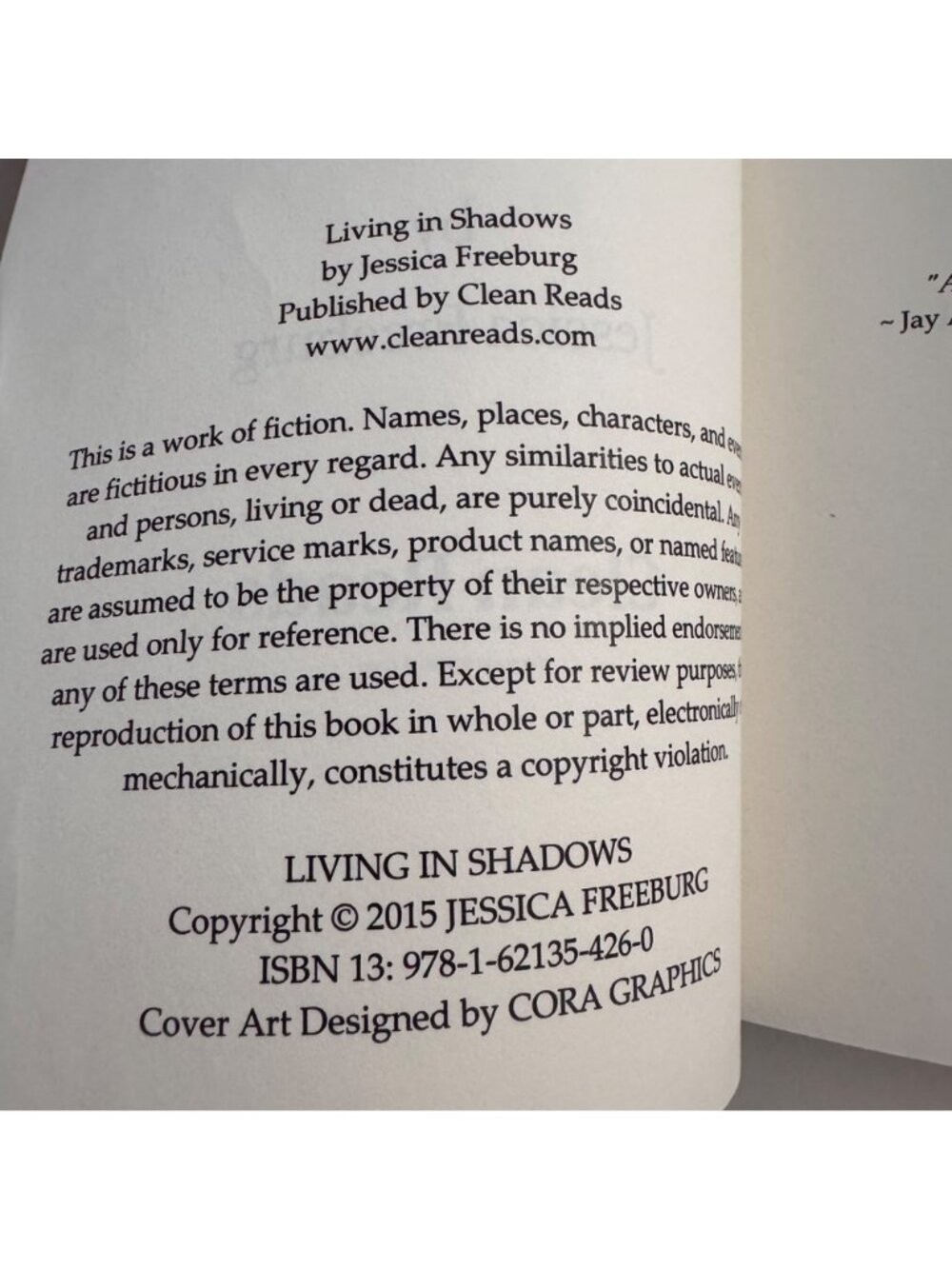 "Living In Shadows" By Jessica Freeburg Signed Paperback 2015 Clean Reads Novel - Picture 2 of 11